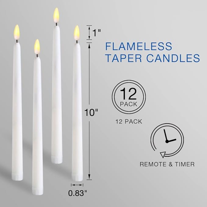 White Flameless Taper Candles with Remote, Flickering Battery LED Candlesticks Spring Home Candle Decor Set of 12