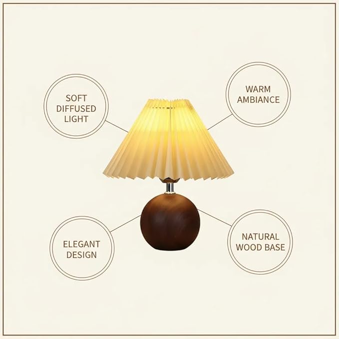 Bedside Night Table Lamp for Bedroom Three Colors Minimalist Bedside Lamp with Pleated Lampshade Small Night Light for Kids Room, Living Room, College Dorm, Home Bar