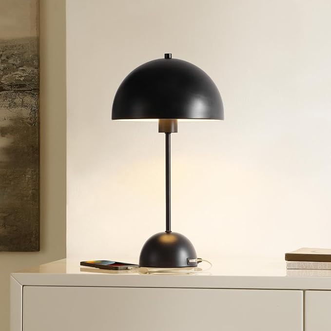 SAFAVIEH Lighting Collection Ixora Black Dome 18-inch Mushroom Table Lamp with USB Charging Port, Ideal for Living Room, Bedroom, Nightstand, Home Office, Dorm (LED Bulb Included)