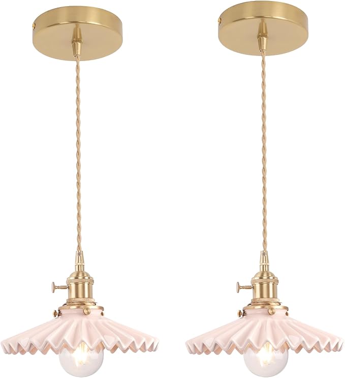 Pendant Light 2 Pack with Pink Pleated Ceramic Lmapshade, Brass Vintage Pendant Light Adjustable Hanging Light for Kitchen Island Dining Room Hallway
