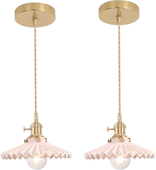 Pendant Light 2 Pack with Pink Pleated Ceramic Lmapshade, Brass Vintage Pendant Light Adjustable Hanging Light for Kitchen Island Dining Room Hallway