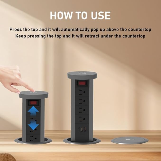 Pop up Outlet for countertop 4.72in Desk Grommet Power Station PD20W USB C 4 Outlets 3 USB Ports 1 Wireless charger 15A Outlets Fast charging Space Saver Outlet for Kitchen Office 6ft Cord