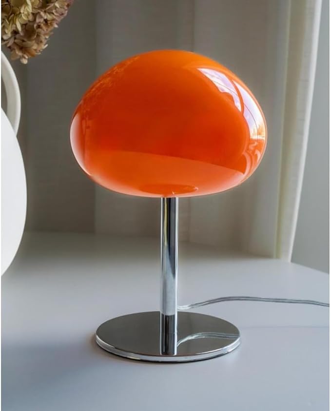 Mid Century Table Lamp, Orange Glass Mushroom Lamp, Dimmable Retro Accent Lamp, 13.5" Sculptural Vintage Style Lighting for Bedside, Shelf, Console, Warm Nostalgic Glow