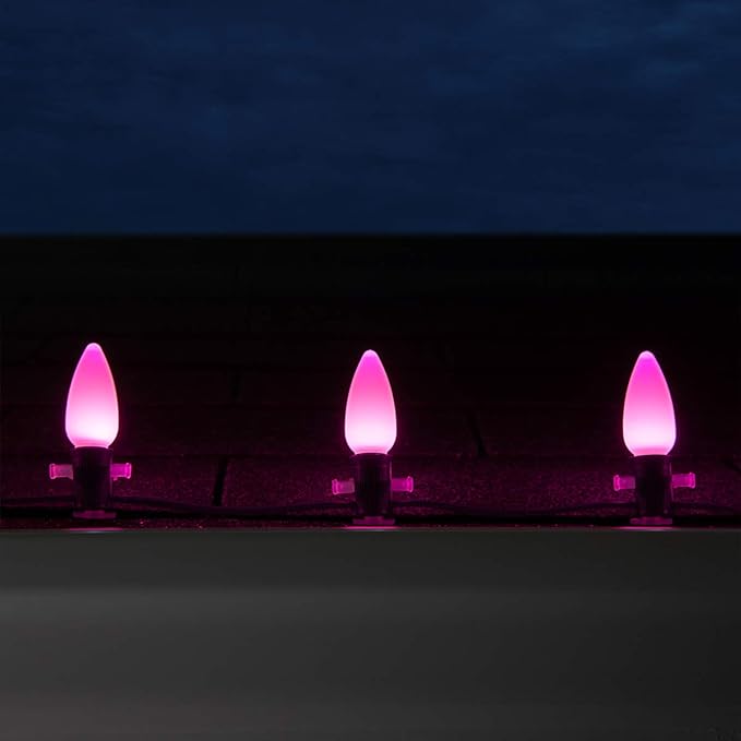 Wintergreen Lighting C9 OptiCore LED Commercial Outdoor Christmas Lights – Heavy Duty Christmas String Lights; Green Wire (50 Lights, 50 ft, Pink Smooth/Opaque)