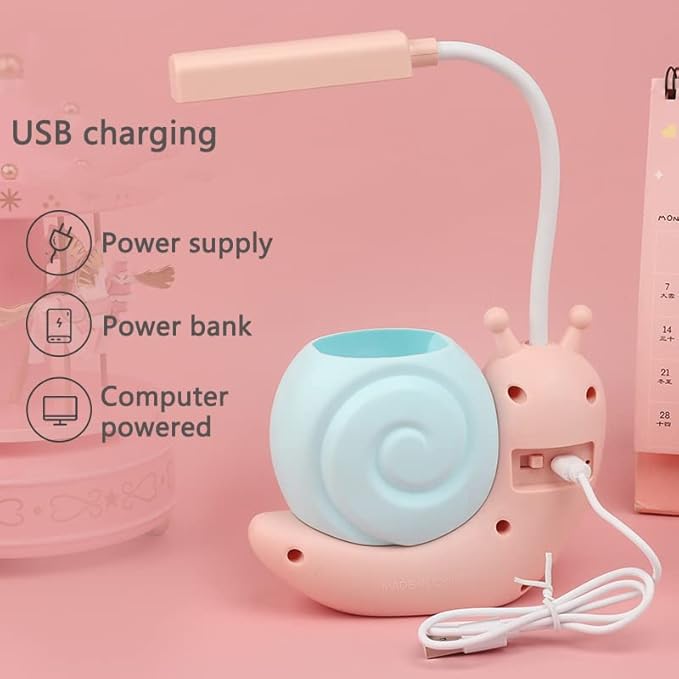 Cute Kids Lamp with Pen Holder,LED Desk Lamp for Child,Snail Shape USB Charging Student Learning Eye Protection Lamp with 360° Bendable Adjustable Neck Pink