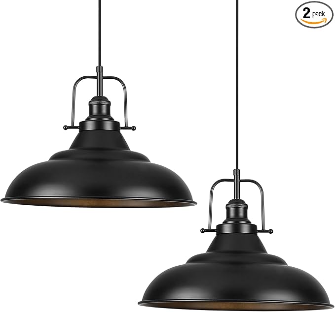 Black Pendant Light Kitchen Island,16 Inch Large Industrial Pendant Lights, Matte Black Pendant Lights, Vintage Farmhouse Pendant Light for Kitchen Island, Dining Room, Hallway (2 Pack)