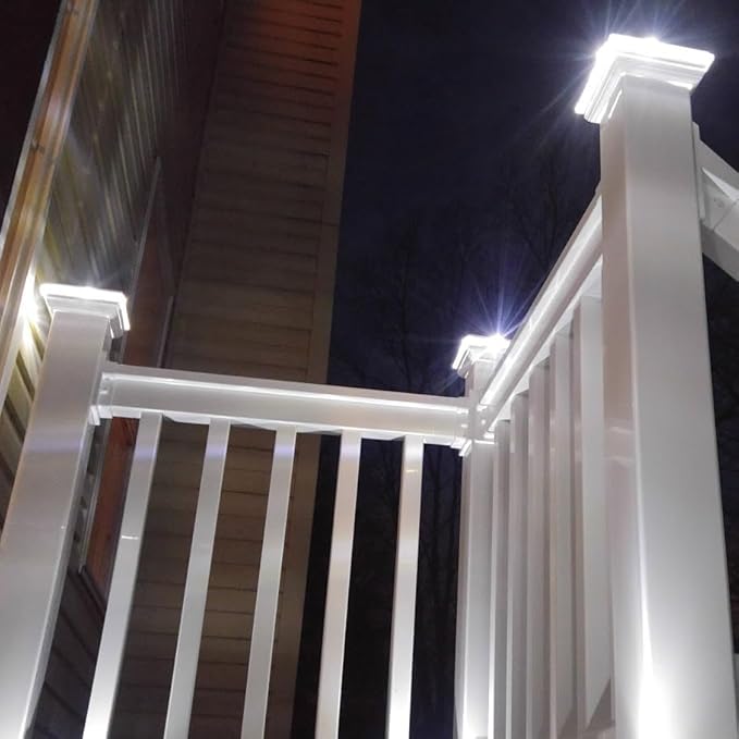 DekLights® Pro Line LED Lighted Post Cap for 4x4 Deck/Fence Posts. Wired 12volt Low Voltage with Replaceable Light Bulb. for Vinyl or Composite railings. Made in USA (White Glass Edge Upgrade 6000k)