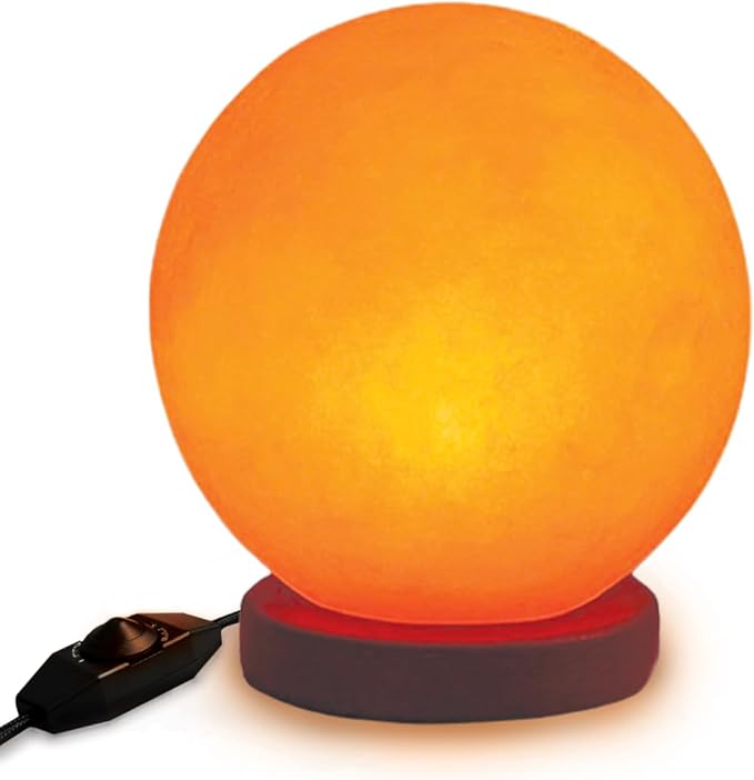 Himalayan Salt Lamp Globe – 5-Inch Hand-Carved Crystal Rock Sphere Moon with Wooden Base & UL-Listed Dimmer Cord – Warm Ambient Light for Bedroom, Office, Home Décor, Gift Ready
