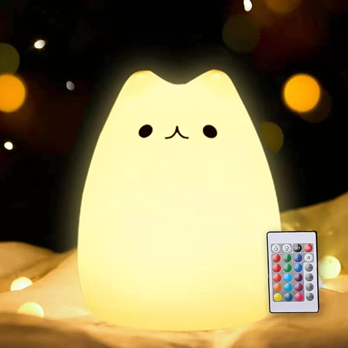 ZKLiLi Night Light for Kids Lamp, 16 Colors Lamp Cute, Dimmable Baby Night Lights for Nursery,Silicone Rechargeable Nightlight for Kids Room, Kawaii Room Decor (renqicat-Remote)