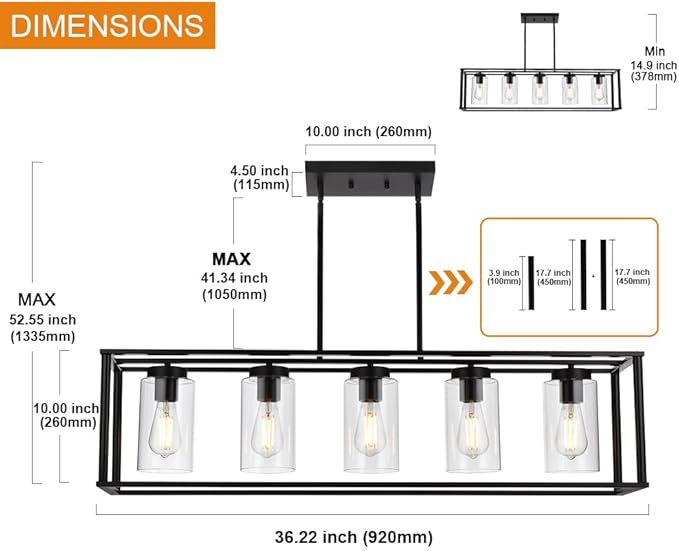 VINLUZ Farmhouse Chandeliers Rectangle Black 5 Light Dining Room Lighting Fixtures Hanging, Kitchen Island Cage Pendant Lights Contemporary Modern Ceiling Light with Glass Shade Adjustable Rods