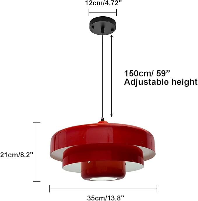 Red Pendant Light, Industrial Metal Pendant Light Fixtures, 3-Layer Shade Design, 13.8-inch Dome, Red Finish, Kitchen Light Fixtures for Dining Table
