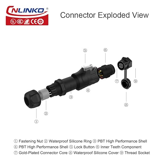 CNLINKO LP-12 IP68 Industrial Waterproof Connector Quick Plug Circular Connector PBT Plastic Shell Aviation Connector M12 2-8 Pin Thread Socket (2 Pin)