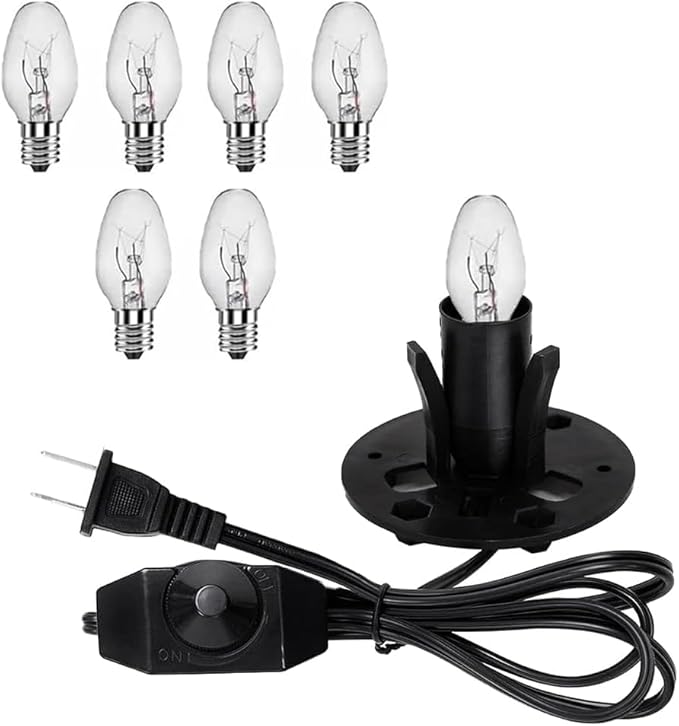 Himalayan Salt Lamp Cord Replacement Kit with Dimmer Switch & 6-Pack 15W E12 Halogen Bulbs, 5ft Cord Base Assembly for Salt Rock Lamps, 110V Adjustable Brightness Cord Set (1)