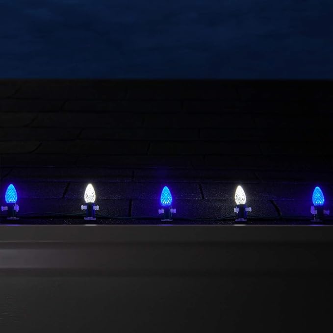 Set of 50 C7 Blue and White OptiCore Commercial Christmas Lights - Cool White and Blue Outdoor LED Bulbs on Heavy Duty 18 Gauge Green Wire (50 ft)