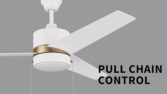 SMAAIR 52 Inch Ceiling Fans with Lights, LED Ceiling Fan with Pull Chain Control, Indoor Ceiling Fan with 3 Blades for Bedroom, Quiet AC Motors, Reversible, White/Gold