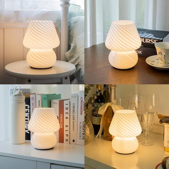 Battery Operated Mushroom Lamp - Vintage Small Table Lamp with Timer, Cordless Bedside Nightstand Lamp, Glass Battery Powered Lamp for Bedroom Kitchen Living Room Shelf Decor Aesthetic White