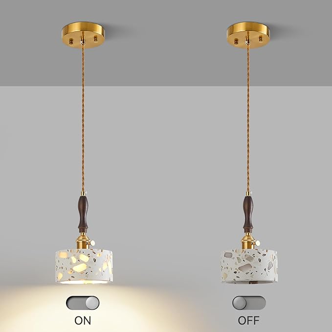 Modern terrazzo Pendant Light Fixture,Stone Pendant Lights with Wood Accent,Vintage Farmhouse Chandelier for Kitchen Island Dining Room Living Room Bedroom Restaurant Cafe