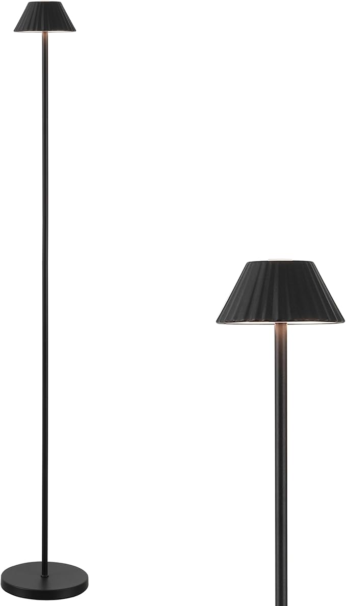 JONATHAN Y 44" Black Modern Rechargeable Cordless LED Floor Lamp for Patio, Dimmable Minimalist Indoor Outdoor Standing Light, Pleated Iron Shade, Touch Sensor (JYL7168D)