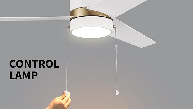 SMAAIR 52 Inch Ceiling Fans with Lights, LED Ceiling Fan with Pull Chain Control, Indoor Ceiling Fan with 3 Blades for Bedroom, Quiet AC Motors, Reversible, White/Gold