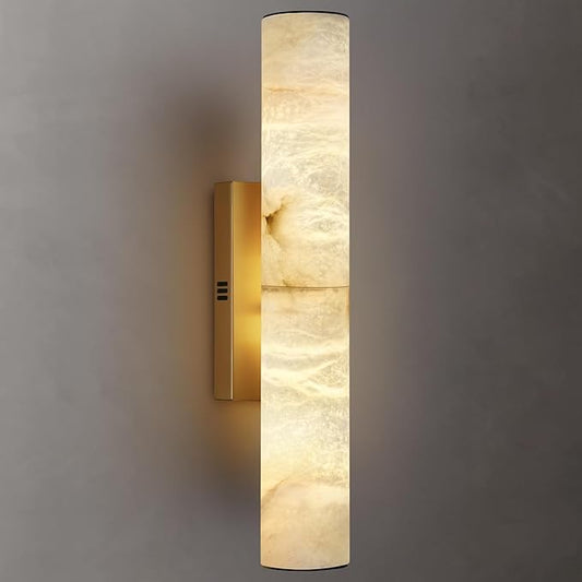 Alabaster Wall Sconces Gold, Spanish Natural Marble Wall Sconce, 20" Brass Wall Sconce for Bathroom, Indoor Stone Wall Sconces Dimmable, Alabaster Wall Light for Living Room, Bedroom, Hallway, Stairs