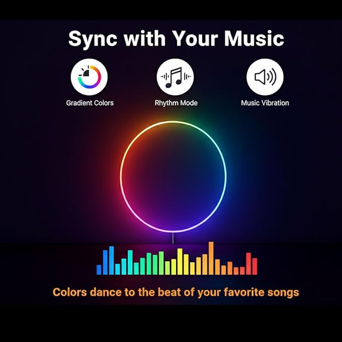 Smart RGBICW LED Circle Neon Sign– 16 Million DIY Colors RGB LED Mood Wall Sign with Bluetooth App & Inline Control, Gradient & Music Sync Modes, USB Powered Aesthetic Decor for Bedroom, Dorm