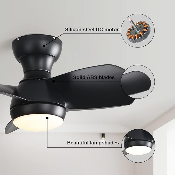 23" Black Small Ceiling Fan with Light, DC Motor,LED, Mini Flush Mount Ceiling Fan with Lights Low Profile Ceiling Fans for Patios Waterproof Kitchen Dining Room Bedroom