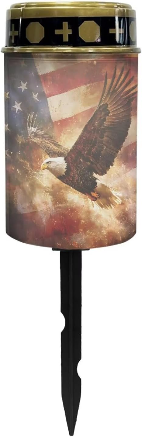Eagle Flag USA Flag Prayer Cemetery Solar Lights for Grave Cemetery Decor Candle Lamp Cross and Floral Grave Solar Lights