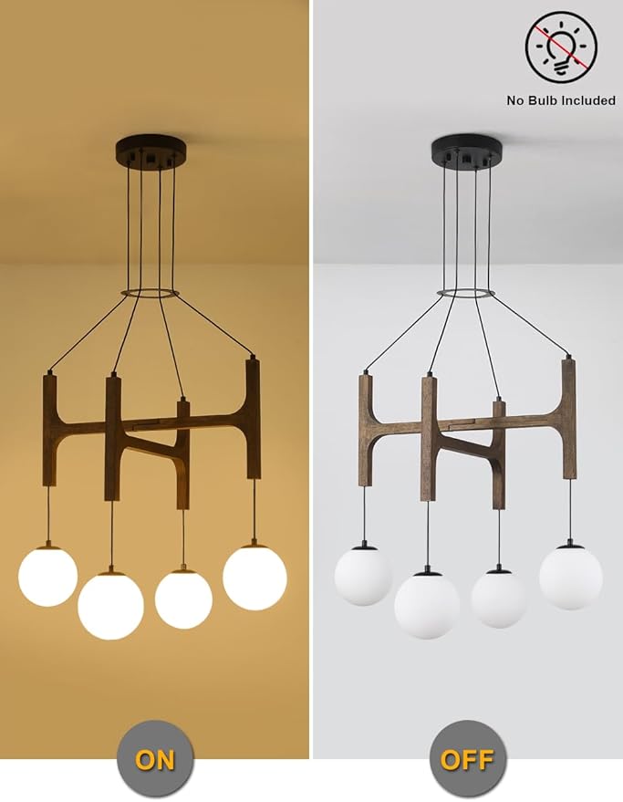 Vintage Milk Glass Pendant Light, Mid Century Wood Chandelier with Rustic Farmhouse Design, 4-Light Hanging Fixture for Kitchen Island, Dining Room, Bedroom Stairwell
