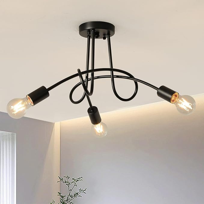Modern Farmhouse Chandelier,22 Inch Black Metal Spiral Rustic Vintage Semi Flush Mounted Ceiling Light Fixture for Dining Room Bedroom Kitchen Island Hallway Foyer Entryway(3-Light)