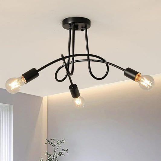 Modern Farmhouse Chandelier,22 Inch Black Metal Spiral Rustic Vintage Semi Flush Mounted Ceiling Light Fixture for Dining Room Bedroom Kitchen Island Hallway Foyer Entryway(3-Light)