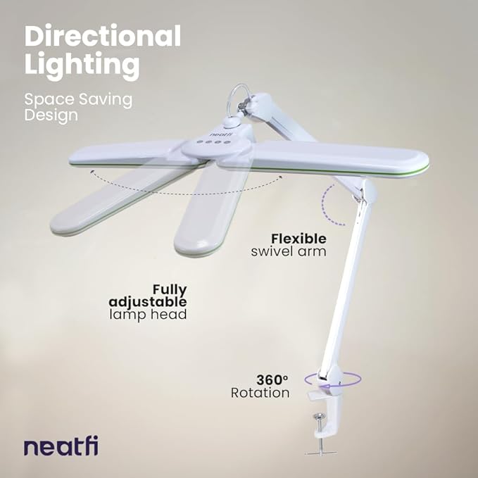 Neatfi Elite HD XL LED Desk Lamp, 3 Light Modes, 90PCS SMD LED, Non-Polar Dimming, Bright Eye-Caring Lighting for Home Office, Drafting, Beauty Shop, Workbench (CCT with Clamp, Green Ring, 17 Inches)