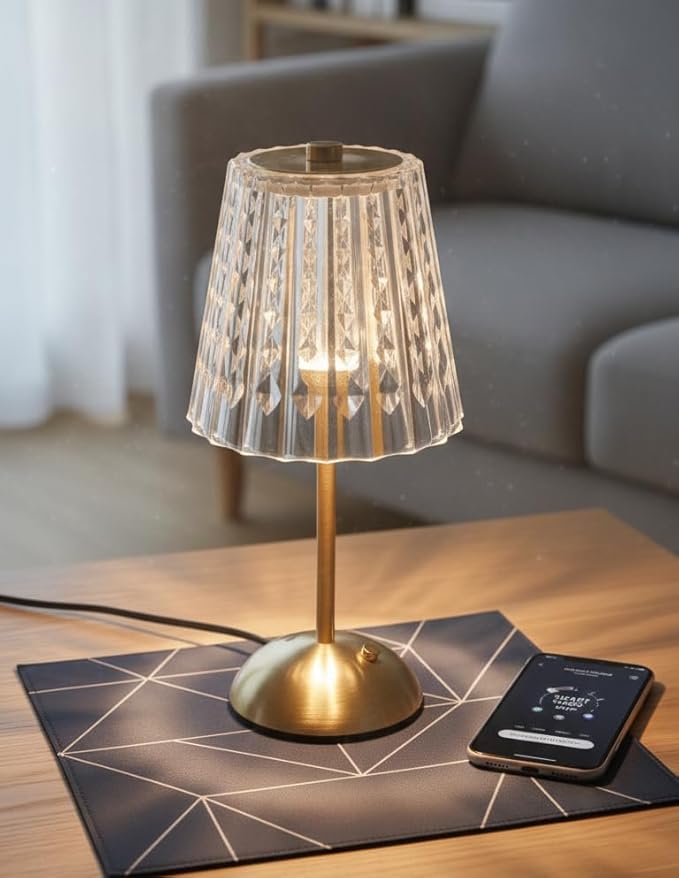 Gold Crystal Table Lamp – Touch Control, 3 Color Dimmable, & Rechargeable LED Lamp, Elegant Bedroom,Office & Living Room Decorative Light