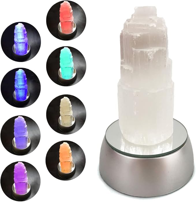 JIC Gem Clearance Natural Selenite Lamp Mini White Gemstone Crystal Lamp 4 inches Color Changing Light + Use Batteries