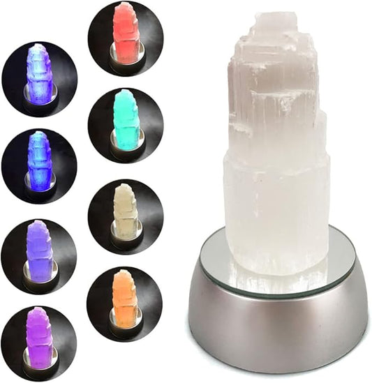 JIC Gem Clearance Natural Selenite Lamp Mini White Gemstone Crystal Lamp 4 inches Color Changing Light + Use Batteries