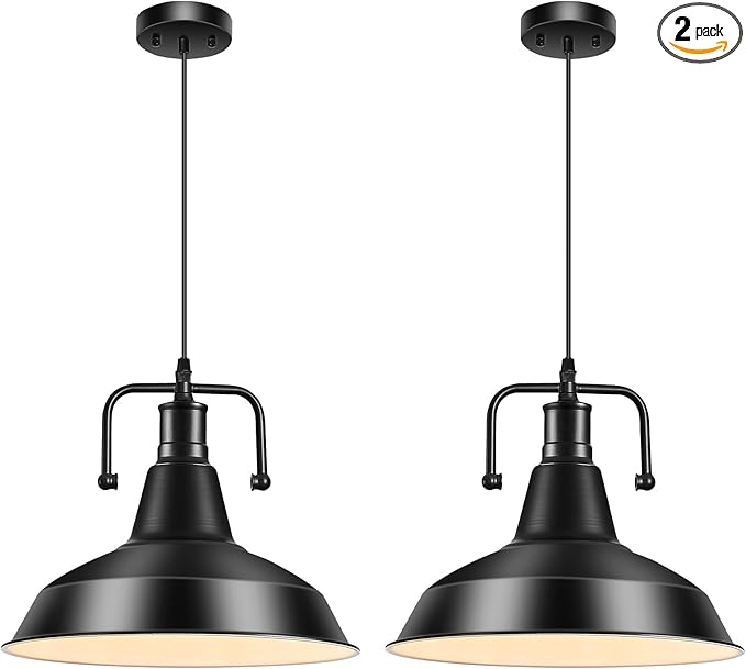 2PCS Farmhouse Pendant Light for Kitchen Island, Black Pendant Lights Fixtures with Metal Shade, Industrial Barn Hanging Lights for Hallway, Kitchen, Sink, Dining Room, Living Room（Bulb not Included）