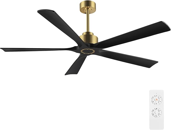 ELEHINSER 60 Inch Modern Ceiling Fan without Light, 5 Solid Wood Blades 6-Speed Noiseless Reversible DC Motor, Ceiling Fan with Remote Control for Bedroom Living Room, Gold Finish with Black Blades