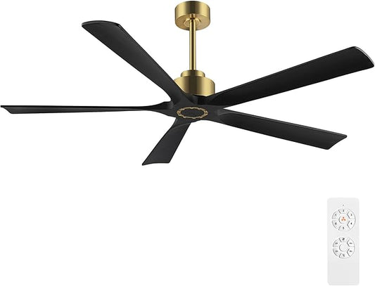 ELEHINSER 60 Inch Modern Ceiling Fan without Light, 5 Solid Wood Blades 6-Speed Noiseless Reversible DC Motor, Ceiling Fan with Remote Control for Bedroom Living Room, Gold Finish with Black Blades