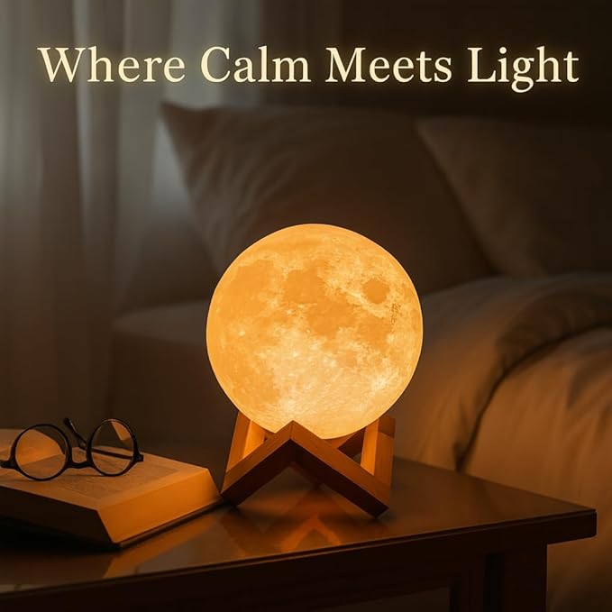 Mydethun Moon Lamp - 4.7' White Elephant Galentine Gifts for Women, 3D Printed LED Night Light w/Wooden Base, Valentine Gifts for Wife, Girlfriend, Mom, Touch-Dimmable, White & Yellow