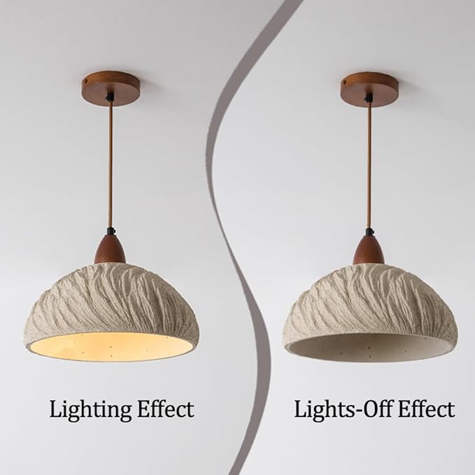 Wabi Sabi Pendant Light, 11" Concrete Pendant Light with Grey Irregular Textured Lampshade & Wooden Ceiling Plate, Retro Cement Hanging Lamp Ideal for Bedroom Living Room Kitchen (No Bulb)