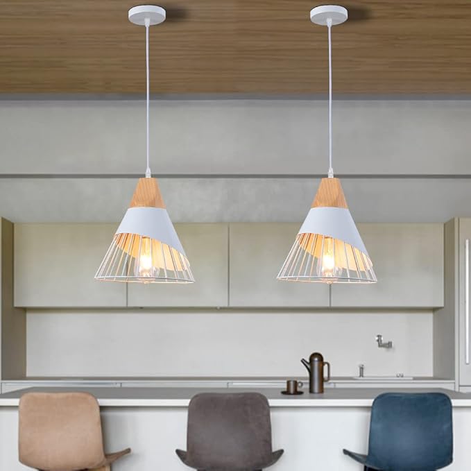 White Pendant Lights Kitchen Island,White Pendant Lights Farmhouse,Adjustable Wood Hanging Light Fixture,Industrial Pendant Lighting for Dining Room,Living Room,Bedroom,Hallway,Kitchen,Bar