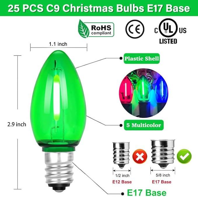 25 Pack C9 Replacement Christmas Light Bulbs, 0.6 Watt C9 Multicolor Clear LED Light Bulbs for Christmas Indoor Outdoor Patio Halloween Party String Lights, C9/E17 Candelabra Base
