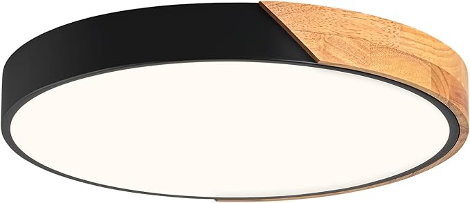 Modern Dimmable Black LED Ceiling Light, 2700 K - 6000 K 5CCT Wood Flush Mount Ceiling Lighting Fixtures, Minimalist Round Ceiling Lamp for Living Room Bedroom Kitchen Hallway（15.8in）