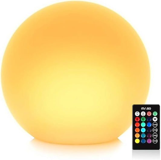 Mr.Go 14-inch LED Ball Light, Cordless Rechargeable Globe Lamp w/Remote, 16 RGB Color Changing Dimmable Mood Lamp, Waterproof Decorative Glow Orb Light for Home Outdoor Garden Patio Pool Party Decor