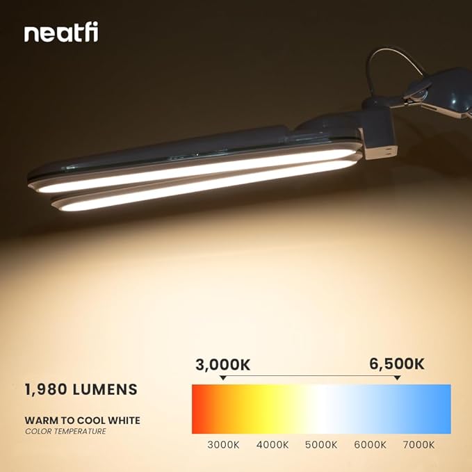 Neatfi Elite HD XL LED Desk Lamp, 3 Light Modes, 90PCS SMD LED, Non-Polar Dimming, Bright Eye-Caring Lighting for Home Office, Drafting, Beauty Shop, Workbench (CCT with Clamp, Blue Ring, 17 Inches)