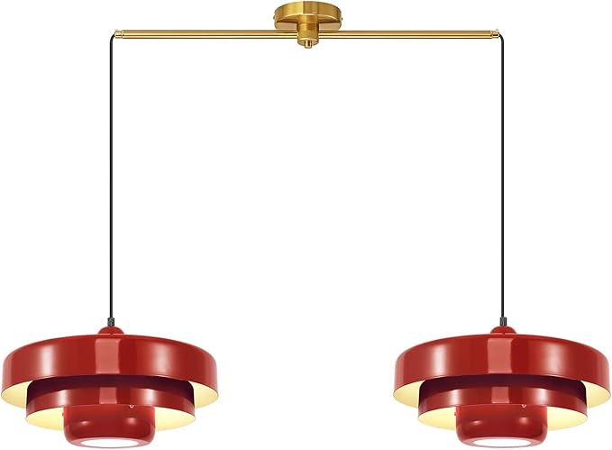 Industrial Red Pendant Light, 2-Light Vintage Chandelier, Mid Century Modern Ceiling Light Adjustable Hanging Lights for Kitchen Island, Bar, Dining Room