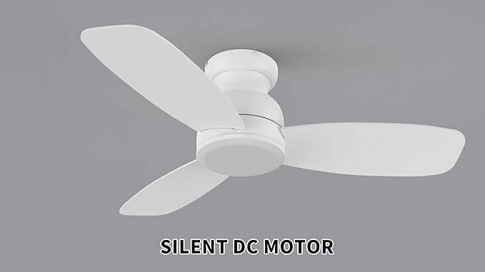 CEME 44 Inch Flush Mount Ceiling Fan without Lights, White Ceiling Fan with Remote Low Profile, 10-Speed Reversible DC Motor, 3 Dual Finish Blades, Indoor for Bedroom