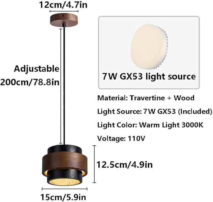 Nordic Natural Travertine Pendant Light Wabi-sabi Stone Chandelier Retro Industry Hanging Ceiling Lamp for Bedroom Bedside Study Dining Table Lighting (Black)