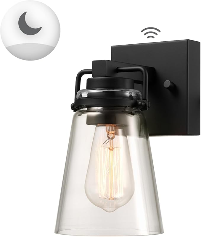 GLOBE Electric 60000174 1-Light Dusk to Dawn Outdoor Wall Sconce, Matte Black, Clear Glass Shade, E26 Bulb, Weather Resistant
