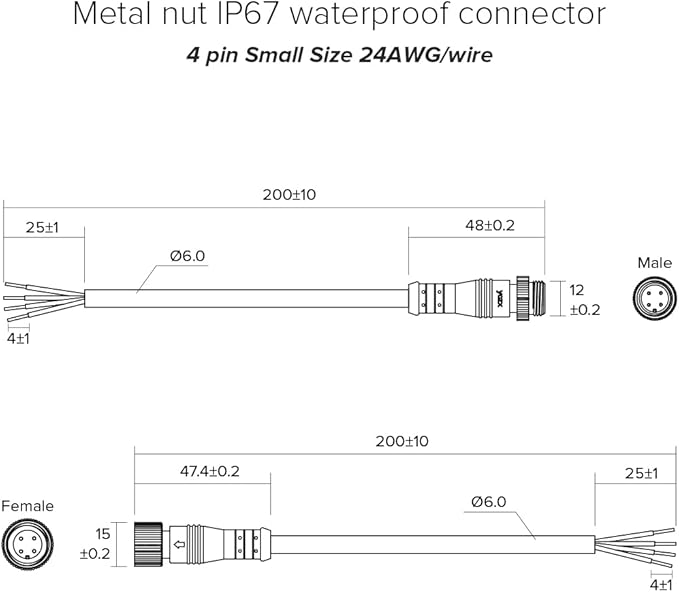 BTF-LIGHTING 4 Pin Electrical Metal nut Connector 20AWG IP68 Male Female Connector 7.87in/20cm Extension Cable for Car,Truck,Boat,Indoor/Outdoor LED Strip Lights/String 15mm Metal Nut Small Size