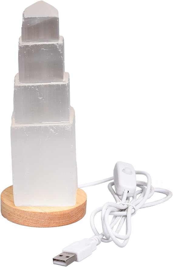 JIC Gem USB Selenite Tower Lamp Natural Selenite Skyscraper Healing Crystal Lamp 6 Inch with Wooden Light Stand Base